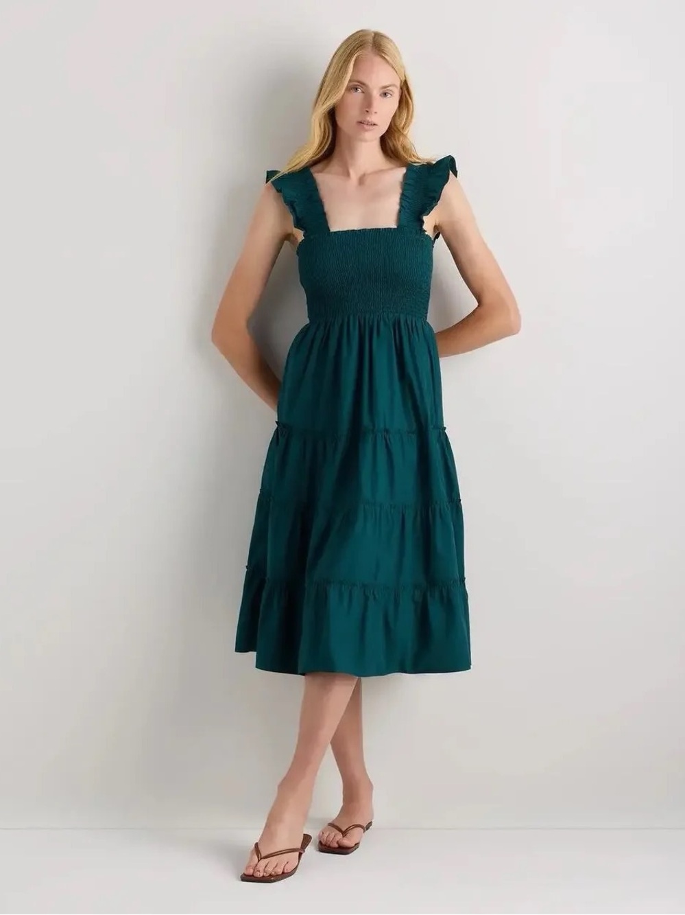 Quince Teal Smocked Tiered Midi Dress